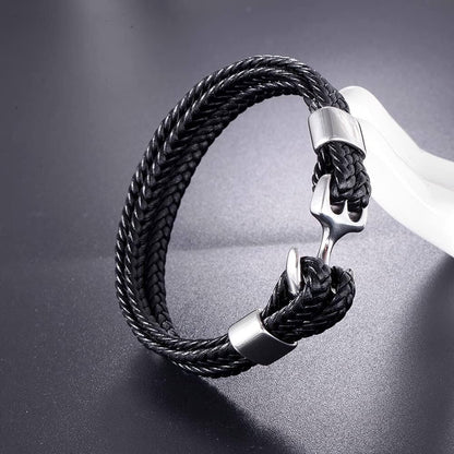 THE MEN THING Leather Bracelet SEAFARER ANCHOR BLACK -  Genuine Leather Double Layer Braided Bracelet with Stainless Steel Anchor Hook for Men & Boys (8 inch)