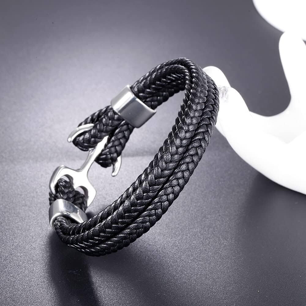 THE MEN THING Leather Bracelet SEAFARER ANCHOR BLACK -  Genuine Leather Double Layer Braided Bracelet with Stainless Steel Anchor Hook for Men & Boys (8 inch)