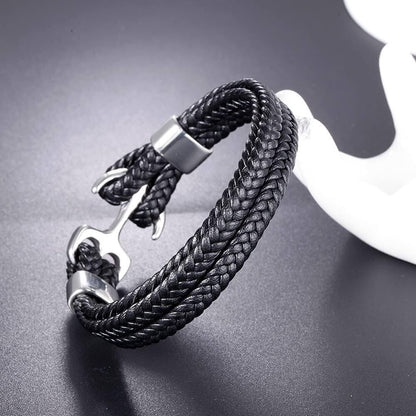 THE MEN THING Leather Bracelet SEAFARER ANCHOR BLACK -  Genuine Leather Double Layer Braided Bracelet with Stainless Steel Anchor Hook for Men & Boys (8 inch)