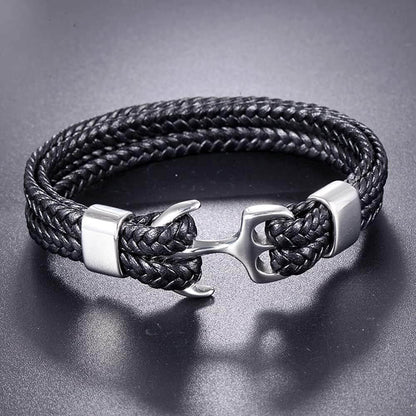 THE MEN THING Leather Bracelet SEAFARER ANCHOR BLACK -  Genuine Leather Double Layer Braided Bracelet with Stainless Steel Anchor Hook for Men & Boys (8 inch)
