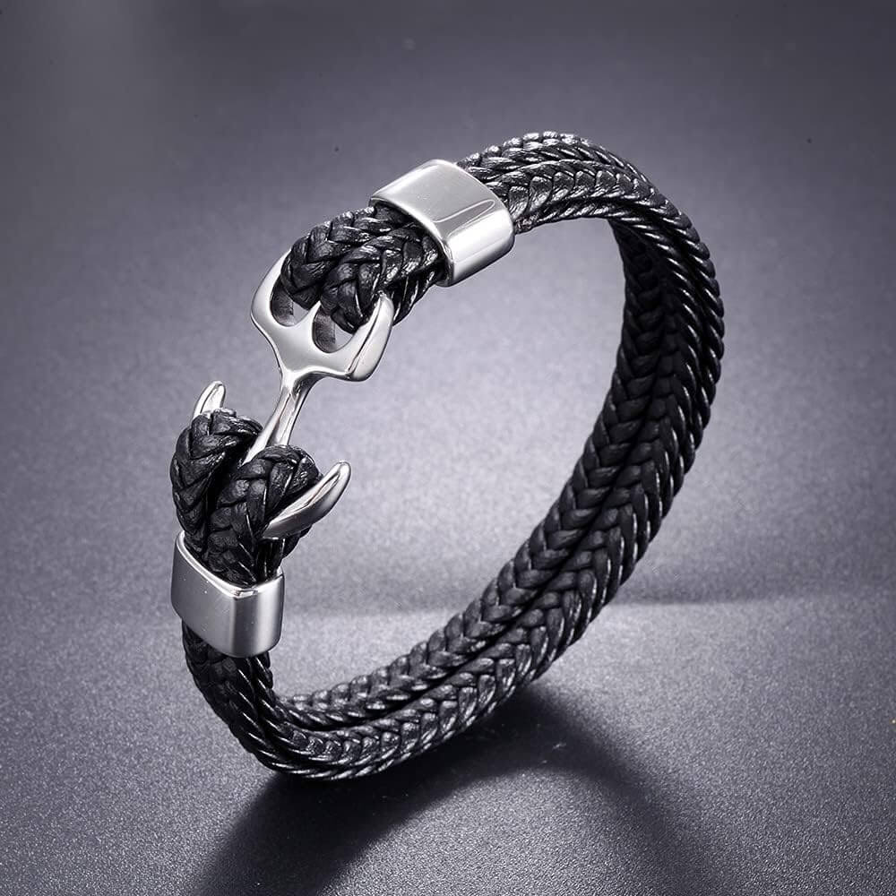 THE MEN THING Leather Bracelet SEAFARER ANCHOR BLACK -  Genuine Leather Double Layer Braided Bracelet with Stainless Steel Anchor Hook for Men & Boys (8 inch)