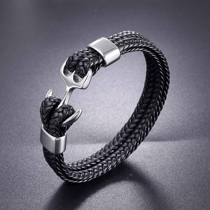 THE MEN THING Leather Bracelet SEAFARER ANCHOR BLACK -  Genuine Leather Double Layer Braided Bracelet with Stainless Steel Anchor Hook for Men & Boys (8 inch)