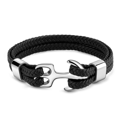 THE MEN THING Leather Bracelet SEAFARER ANCHOR BLACK -  Genuine Leather Double Layer Braided Bracelet with Stainless Steel Anchor Hook for Men & Boys (8 inch)