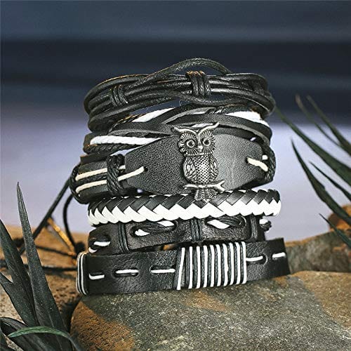 THE MEN THING Leather Bracelet SHADOW OWL CUFF   -  6 Pcs Genuine Braided Leather Bracelet Set for Men & Boys (8 inch)