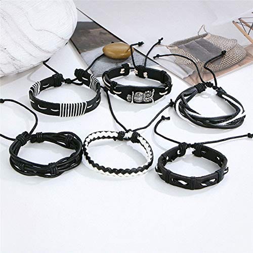 THE MEN THING Leather Bracelet SHADOW OWL CUFF   -  6 Pcs Genuine Braided Leather Bracelet Set for Men & Boys (8 inch)