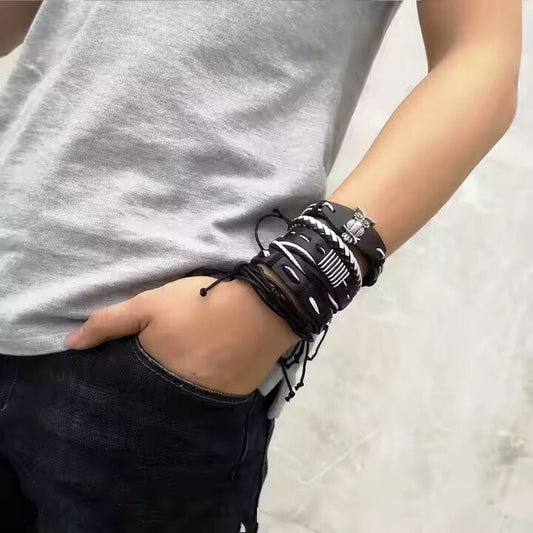 THE MEN THING Leather Bracelet SHADOW OWL CUFF   -  6 Pcs Genuine Braided Leather Bracelet Set for Men & Boys (8 inch)