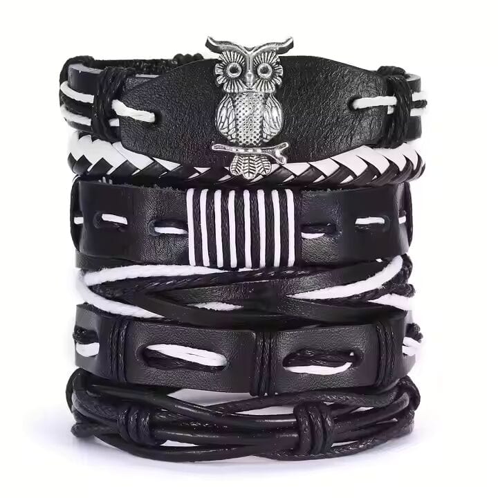THE MEN THING Leather Bracelet SHADOW OWL CUFF   -  6 Pcs Genuine Braided Leather Bracelet Set for Men & Boys (8 inch)