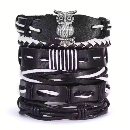 THE MEN THING Leather Bracelet SHADOW OWL CUFF   -  6 Pcs Genuine Braided Leather Bracelet Set for Men & Boys (8 inch)
