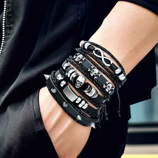 THE MEN THING Leather Bracelet SHADOWFANG -  5 Pcs Genuine Braided Leather Bracelet Set for Men & Boys (8 inch)