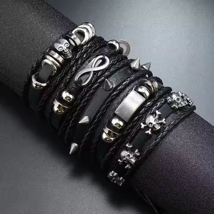 THE MEN THING Leather Bracelet SHADOWFANG -  5 Pcs Genuine Braided Leather Bracelet Set for Men & Boys (8 inch)