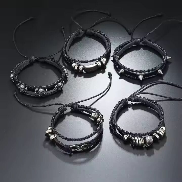 THE MEN THING Leather Bracelet SHADOWFANG -  5 Pcs Genuine Braided Leather Bracelet Set for Men & Boys (8 inch)