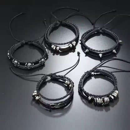 THE MEN THING Leather Bracelet SHADOWFANG -  5 Pcs Genuine Braided Leather Bracelet Set for Men & Boys (8 inch)