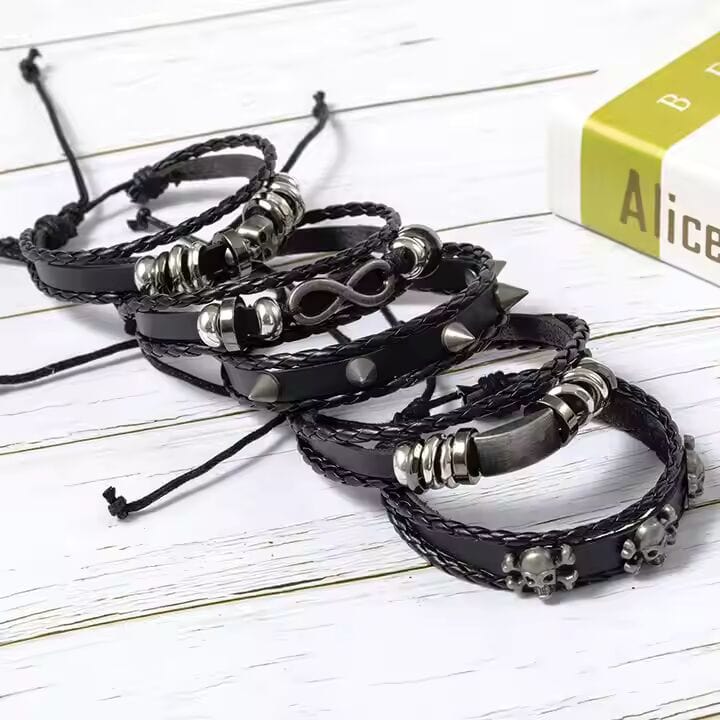 THE MEN THING Leather Bracelet SHADOWFANG -  5 Pcs Genuine Braided Leather Bracelet Set for Men & Boys (8 inch)