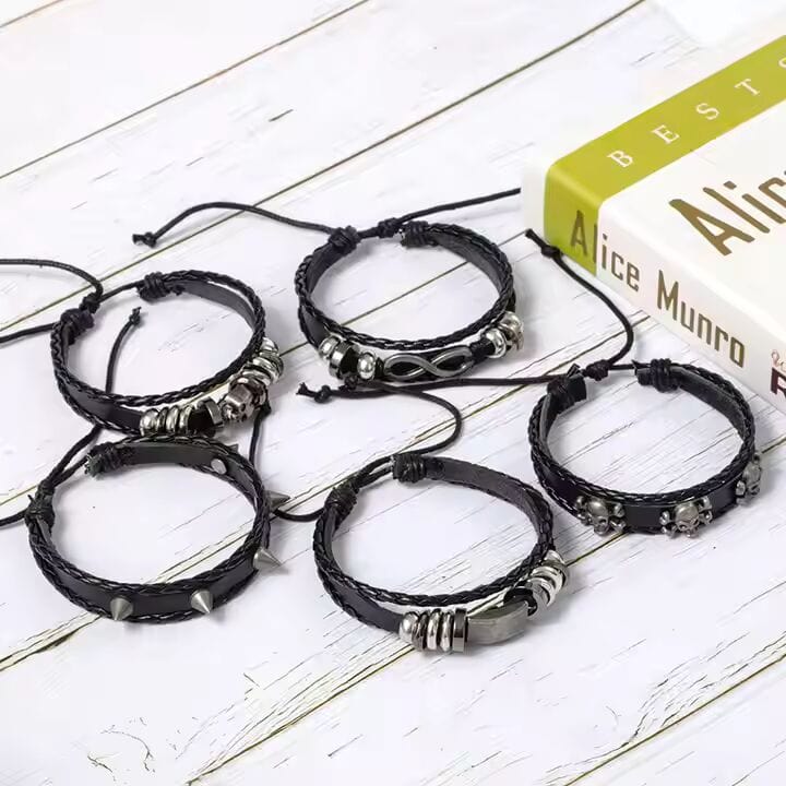 THE MEN THING Leather Bracelet SHADOWFANG -  5 Pcs Genuine Braided Leather Bracelet Set for Men & Boys (8 inch)
