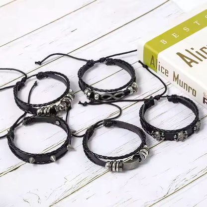 THE MEN THING Leather Bracelet SHADOWFANG -  5 Pcs Genuine Braided Leather Bracelet Set for Men & Boys (8 inch)