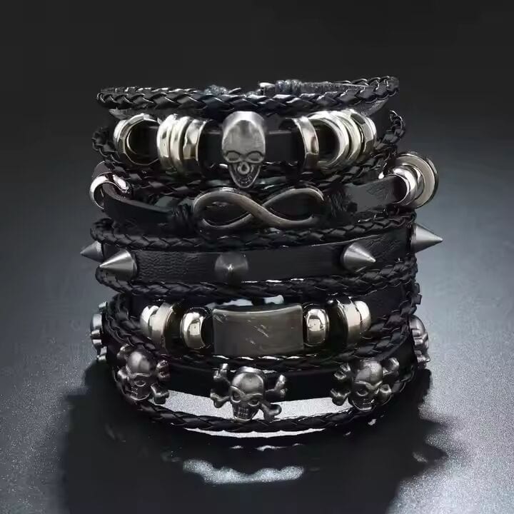 THE MEN THING Leather Bracelet SHADOWFANG -  5 Pcs Genuine Braided Leather Bracelet Set for Men & Boys (8 inch)