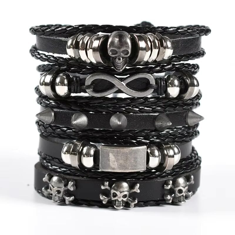 THE MEN THING Leather Bracelet SHADOWFANG -  5 Pcs Genuine Braided Leather Bracelet Set for Men & Boys (8 inch)