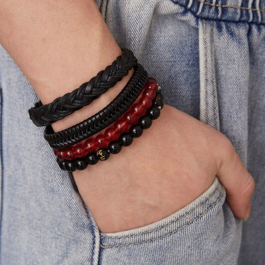 THE MEN THING Leather Bracelet SHADOWFORGE BRACELET - 4 Pcs Genuine Braided Leather Bracelet Set for Men & Boys (8 inch)