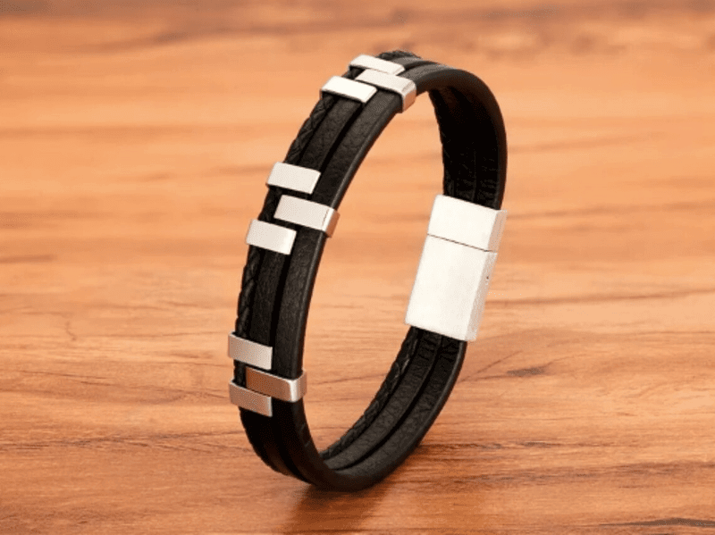 THE MEN THING Leather Bracelet SINEW BLACK - Genuine Leather Multi-Layer Braided Bracelet with Stainless Steel Open Box Clasps for Men & Boys (8 inch)