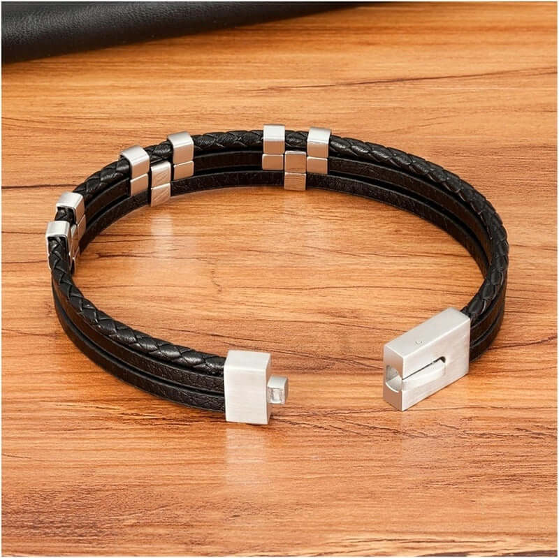 THE MEN THING Leather Bracelet SINEW BLACK - Genuine Leather Multi-Layer Braided Bracelet with Stainless Steel Open Box Clasps for Men & Boys (8 inch)