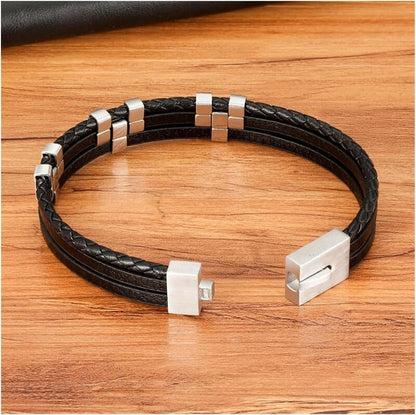 THE MEN THING Leather Bracelet SINEW BLACK - Genuine Leather Multi-Layer Braided Bracelet with Stainless Steel Open Box Clasps for Men & Boys (8 inch)