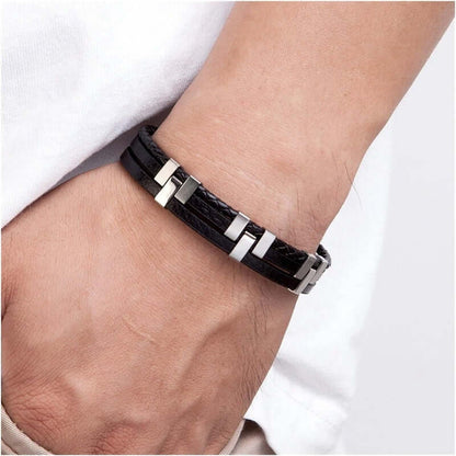 THE MEN THING Leather Bracelet SINEW BLACK - Genuine Leather Multi-Layer Braided Bracelet with Stainless Steel Open Box Clasps for Men & Boys (8 inch)