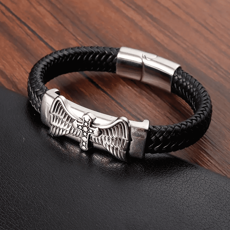 THE MEN THING Leather Bracelet SKYWARD GRACE BLACK - Genuine Leather Braided Bracelet with Stainless Steel Magnetic Buckle for Men & Boys (8 inch)
