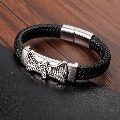 THE MEN THING Leather Bracelet SKYWARD GRACE BLACK - Genuine Leather Braided Bracelet with Stainless Steel Magnetic Buckle for Men & Boys (8 inch)