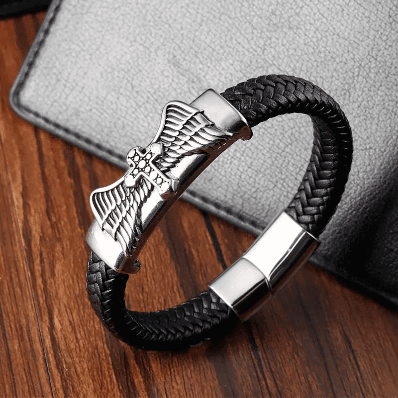THE MEN THING Leather Bracelet SKYWARD GRACE BLACK - Genuine Leather Braided Bracelet with Stainless Steel Magnetic Buckle for Men & Boys (8 inch)