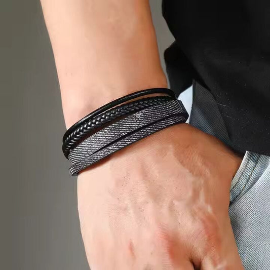 THE MEN THING Leather Bracelet SOLSTICE BAND - Black Genuine Braided Leather Bracelet Set for Men & Boys (8 inch)
