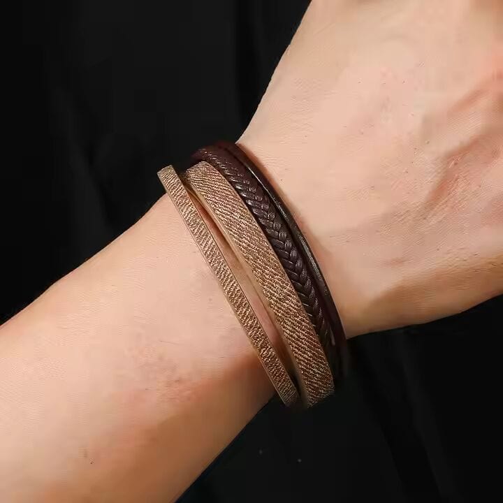 THE MEN THING Leather Bracelet SOLSTICE BAND - Brown Genuine Braided Leather Bracelet Set for Men & Boys (8 inch)