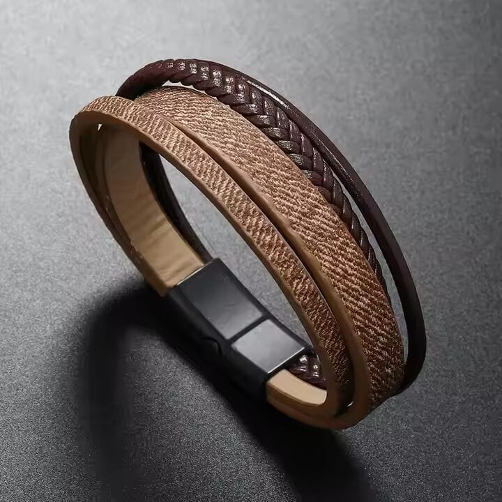 THE MEN THING Leather Bracelet SOLSTICE BAND - Brown Genuine Braided Leather Bracelet Set for Men & Boys (8 inch)