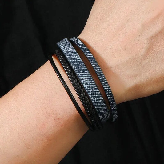 THE MEN THING Leather Bracelet SOLSTICE BAND - Navy Genuine Braided Leather Bracelet Set for Men & Boys (8 inch)