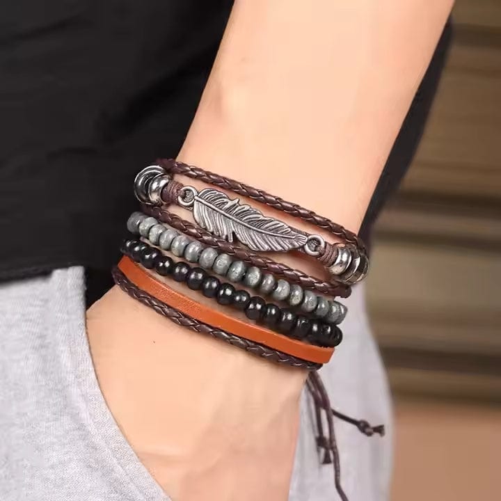 THE MEN THING Leather Bracelet STARDUST CUFF - Multi-layer Set Genuine Braided Leather Bracelet Set for Men & Boys (8 inch)