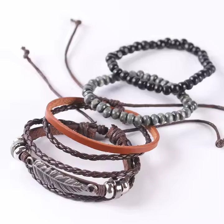 THE MEN THING Leather Bracelet STARDUST CUFF - Multi-layer Set Genuine Braided Leather Bracelet Set for Men & Boys (8 inch)