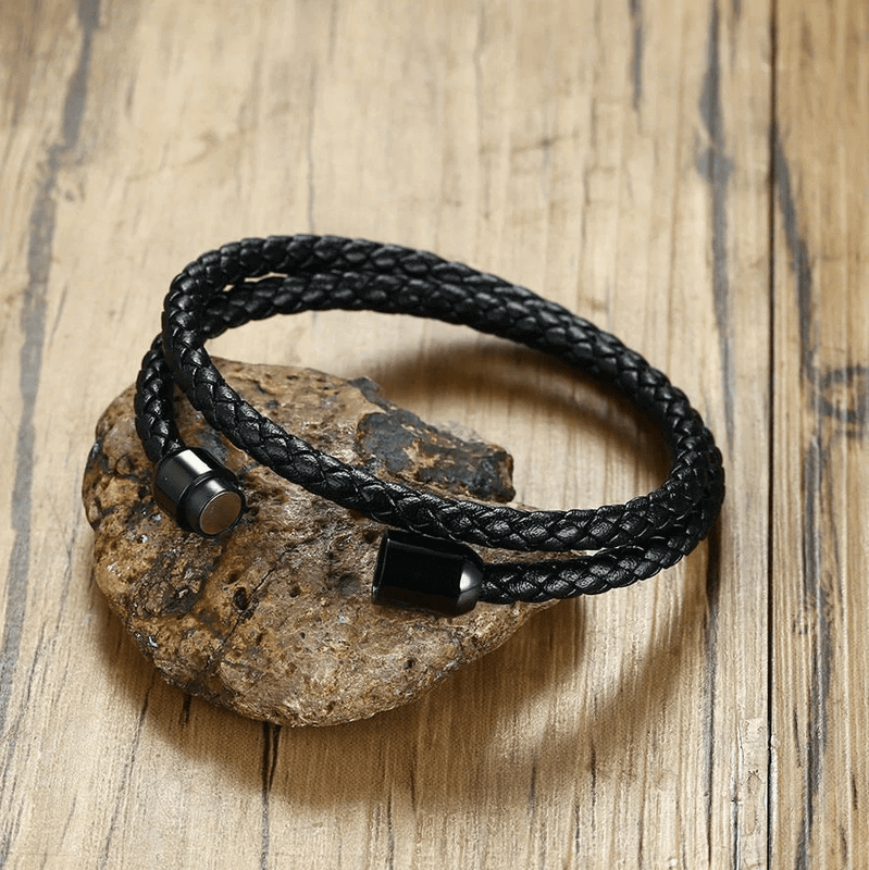 THE MEN THING Leather Bracelet STARRY TWINE BLACK - American Style Genuine Braided Leather Bracelet with Stainless Steel Clasp Magnetic Buckle for Men & Boy (8 inch)