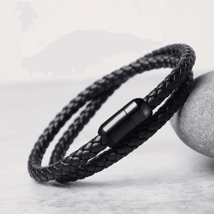 THE MEN THING Leather Bracelet STARRY TWINE BLACK - American Style Genuine Braided Leather Bracelet with Stainless Steel Clasp Magnetic Buckle for Men & Boy (8 inch)