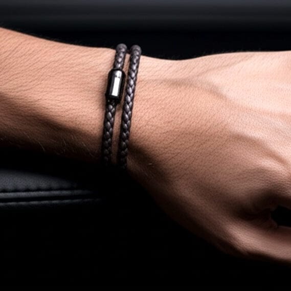 THE MEN THING Leather Bracelet STARRY TWINE BROWN - American Style Genuine Braided Leather Bracelet with Stainless Steel Clasp Magnetic Buckle for Men & Boy (8 inch)