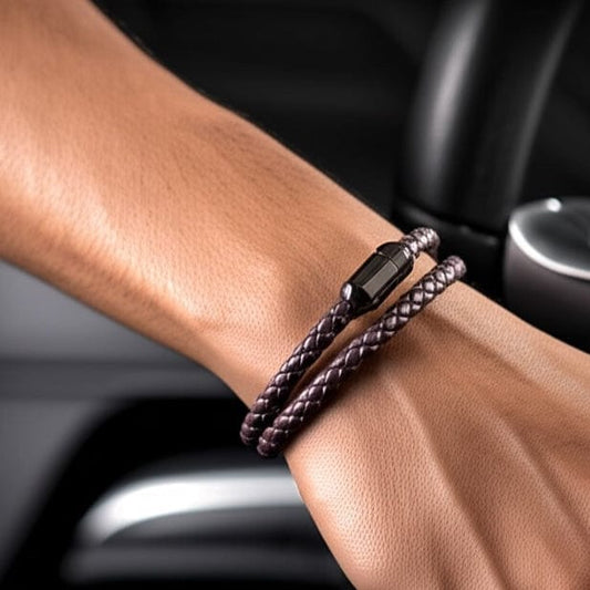 THE MEN THING Leather Bracelet STARRY TWINE BROWN - American Style Genuine Braided Leather Bracelet with Stainless Steel Clasp Magnetic Buckle for Men & Boy (8 inch)