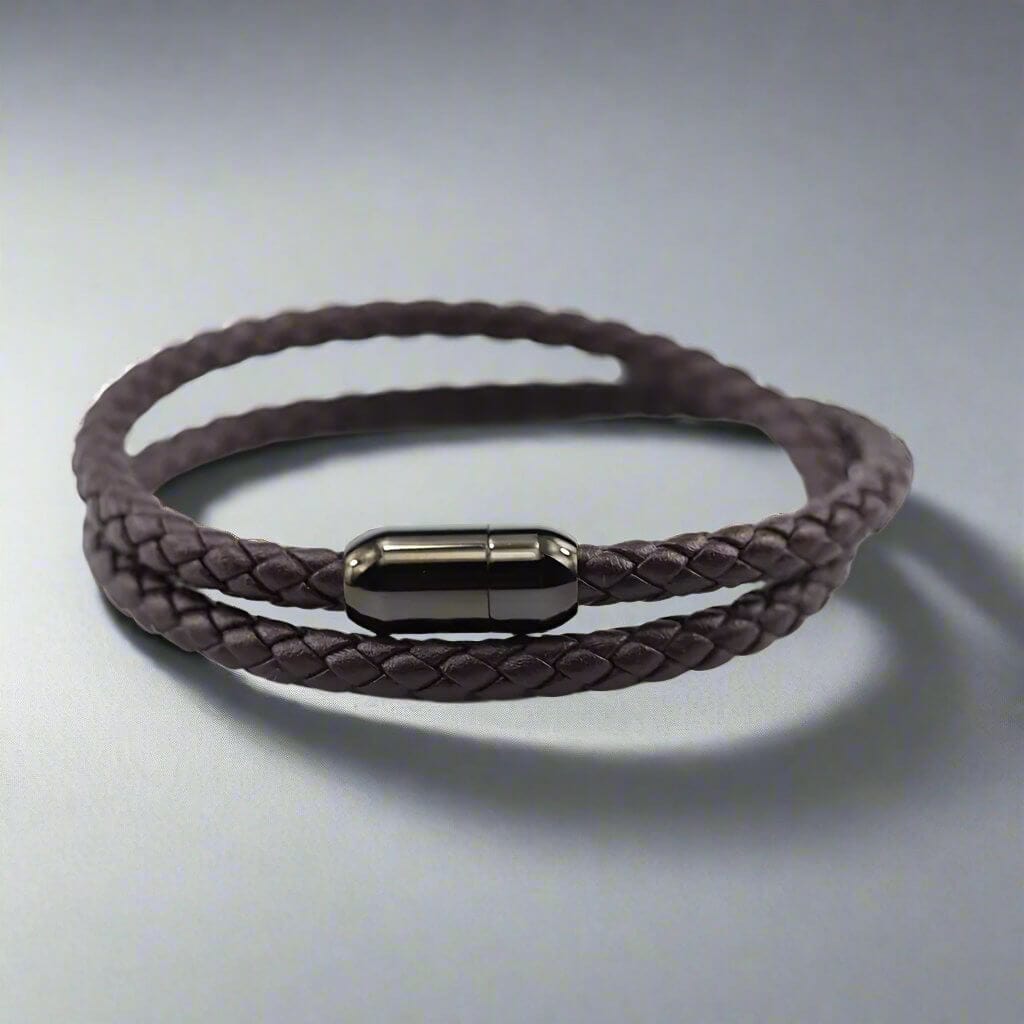THE MEN THING Leather Bracelet STARRY TWINE BROWN - American Style Genuine Braided Leather Bracelet with Stainless Steel Clasp Magnetic Buckle for Men & Boy (8 inch)
