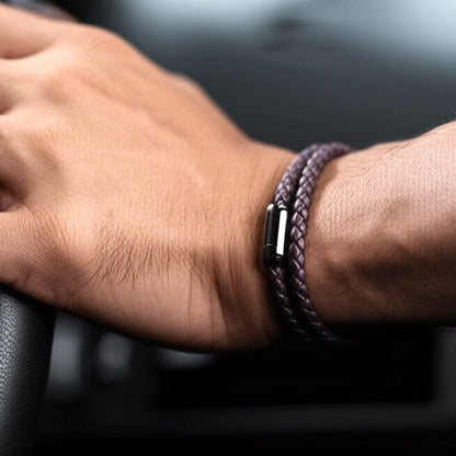 THE MEN THING Leather Bracelet STARRY TWINE BROWN - American Style Genuine Braided Leather Bracelet with Stainless Steel Clasp Magnetic Buckle for Men & Boy (8 inch)