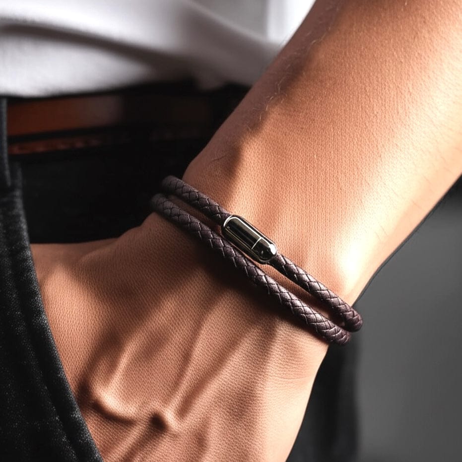 THE MEN THING Leather Bracelet STARRY TWINE BROWN - American Style Genuine Braided Leather Bracelet with Stainless Steel Clasp Magnetic Buckle for Men & Boy (8 inch)