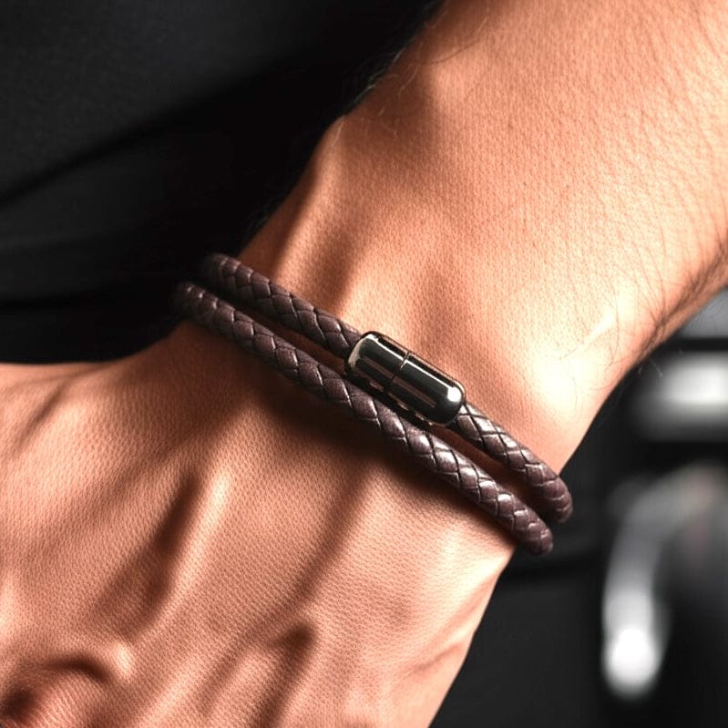 THE MEN THING Leather Bracelet STARRY TWINE BROWN - American Style Genuine Braided Leather Bracelet with Stainless Steel Clasp Magnetic Buckle for Men & Boy (8 inch)