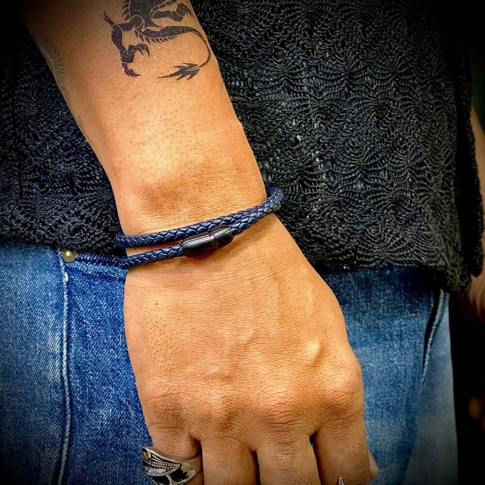 THE MEN THING Leather Bracelet STARRY TWINE DARK BLUE - American Style Genuine Braided Leather Bracelet with Stainless Steel Clasp Magnetic Buckle for Men & Boy (8 inch)