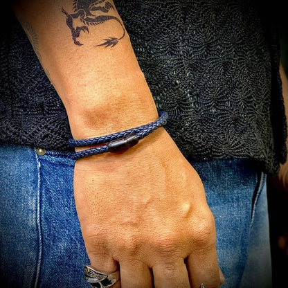 THE MEN THING Leather Bracelet STARRY TWINE DARK BLUE - American Style Genuine Braided Leather Bracelet with Stainless Steel Clasp Magnetic Buckle for Men & Boy (8 inch)