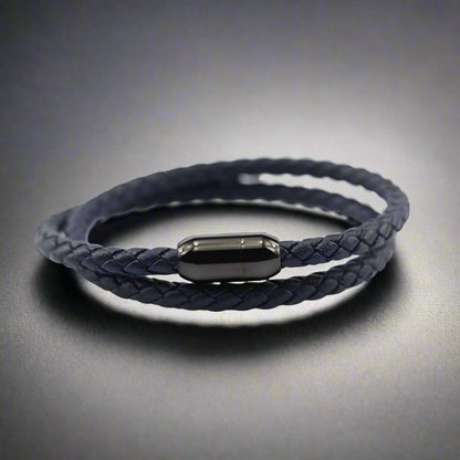 THE MEN THING Leather Bracelet STARRY TWINE DARK BLUE - American Style Genuine Braided Leather Bracelet with Stainless Steel Clasp Magnetic Buckle for Men & Boy (8 inch)