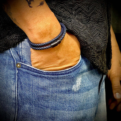 THE MEN THING Leather Bracelet STARRY TWINE DARK BLUE - American Style Genuine Braided Leather Bracelet with Stainless Steel Clasp Magnetic Buckle for Men & Boy (8 inch)