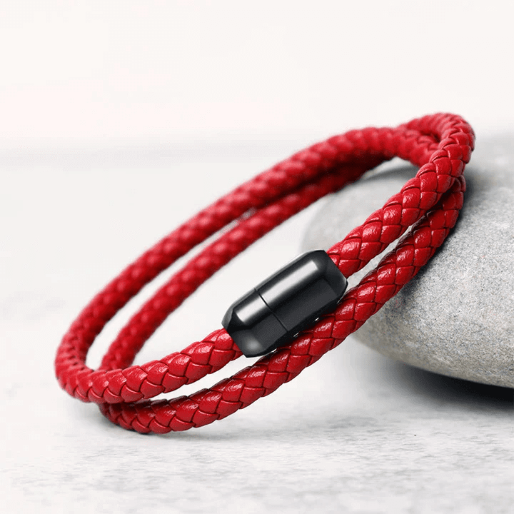 THE MEN THING Leather Bracelet STARRY TWINE RED - American Style Genuine Braided Leather Bracelet with Stainless Steel Clasp Magnetic Buckle for Men & Boy (8 inch)