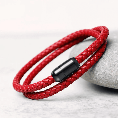 THE MEN THING Leather Bracelet STARRY TWINE RED - American Style Genuine Braided Leather Bracelet with Stainless Steel Clasp Magnetic Buckle for Men & Boy (8 inch)