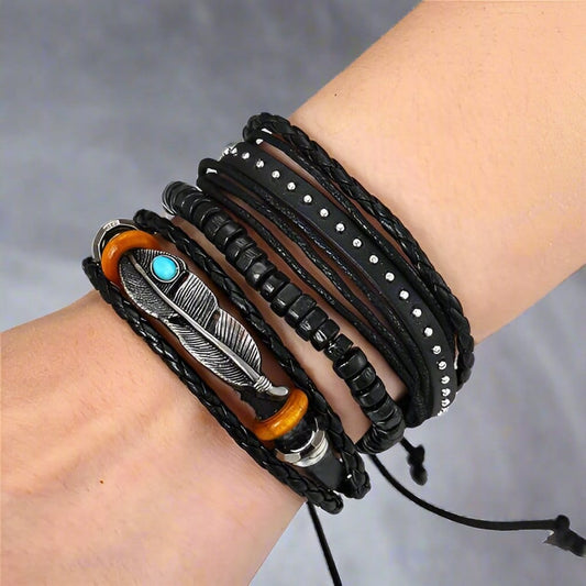 THE MEN THING Leather Bracelet STORMWEAVER - 3 Pcs Genuine Braided Leather Bracelet Set for Men & Boys (8 inch)